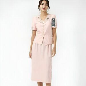 NWT Kasper Pastel Pink Embroidered Maxi Long Skirt 10P Blazer 8P Set Dress Suit